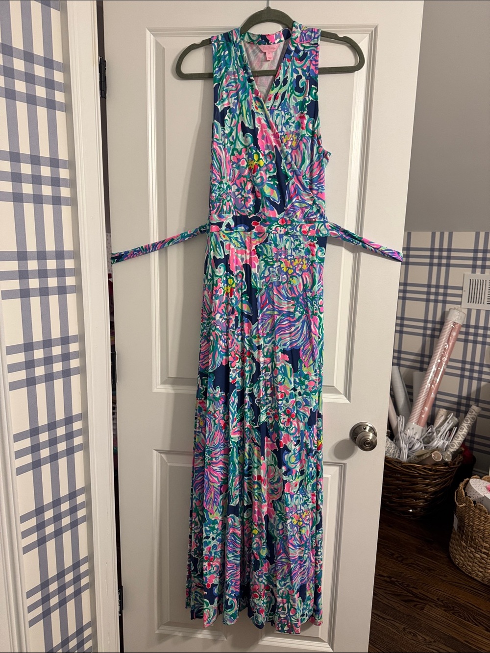 Lilly Pulitzer Sleeveless Floral Maxi Wrap Dress in Navy, Teal & Pink